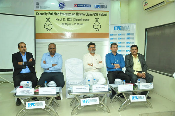  The session Topic was Capacity Building Programme on How to Claim GST Refund. On the dais (left to right) - Mr Jaimini Joshi, Area Head, Retail Trade and Foreign Exchange, HDFC Bank; Mr Amish Khandhar, Managing Partner, Khandhar Mehta and Shah; Mr Saumil Shah, Committee Member, EEPC India Rajkot Chapter; Mr Rashmin Vaja, Partner, Khandhar Mehta and Shah; and Mr Sudhakaran Nair, Sr. Deputy Director, EEPC India.