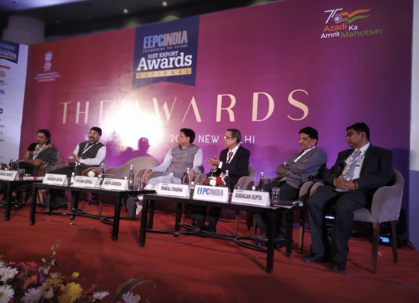 The 51st EEPC India National Award 2022 was held over 13th April, 2022 in New Delhi. The event was graced by Mr Piyush Goyal, Hon`ble Minister of Commerce & Industry, Consumer Affairs & Food & Public Distribution and Textiles, Government of India as the Chief Guest (4th from right) and Dr Srikar K Reddy, Joint Secretary, Department of Commerce, Ministry of Commerce & Industry, Government of India (2nd from left) as the Special Invitee. Mr BVR Subrahmanyam, Commerce Secretary, Government of India also graced the August event as the Guest of Honour. Other dignitaries on the dais are Mr Arun Kumar Garodia, Sr Vice Chairman (3rd from right); Mr Pankaj Chadha, Vice Chairman (2nd from right); Mr Suranjan Gupta, Executive Director (far right) all from EEPC India. EEPC India (NR) Chairperson, Ms Kamna Raj Aggarwalla (far left) was also present.