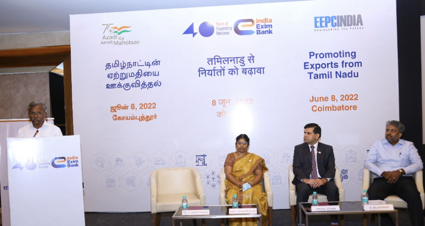 EEPC India and India EximBank Joint Session in Coimbatore was addressed by Dr S Chandrasekhar, Convenor, EEPC India Coimbatore Chapter (at the podium); Ms Rani Somasundaram, AGM, India Exim Bank (third from right); Mr Rupesh Sharma, AGM, India Exim Bank (second from right).